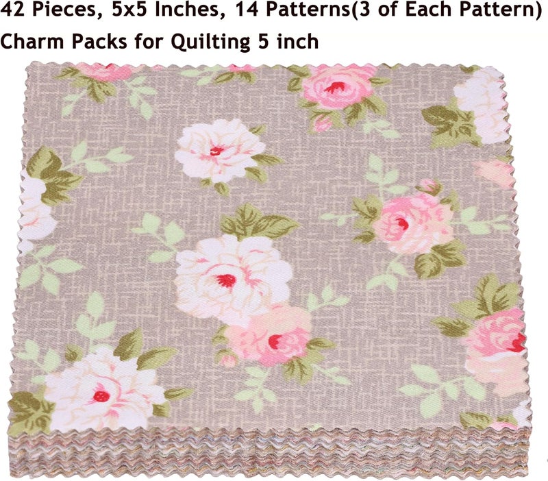 Hanjunzhao 42 5-inch Fabric Squares - Charm Packs for Quilting 5 inch - 5" Charm Quilt Squares - 5x5 Fabric Squares for Quilting, Sewing, Patchwork, and DIY Crafts, Light Coffee - Image 2